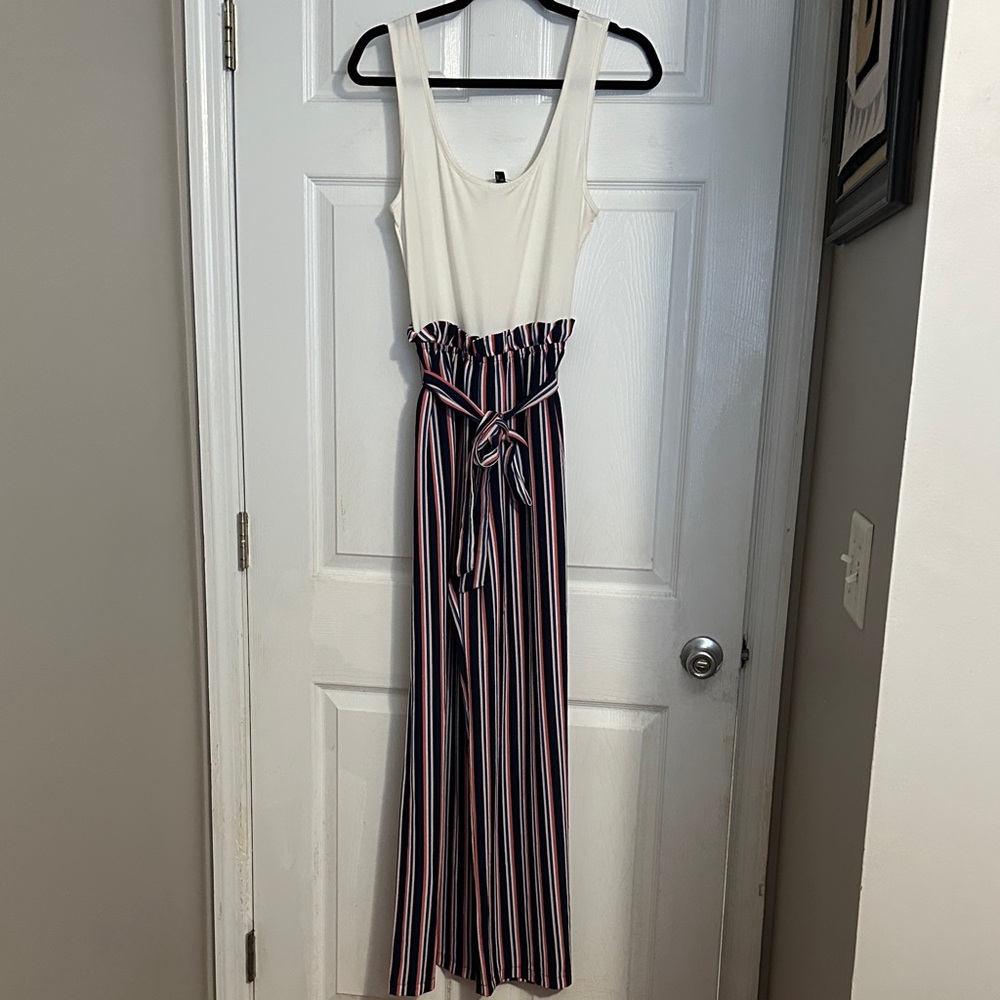 As U Wish White and Navy Striped pant Romper